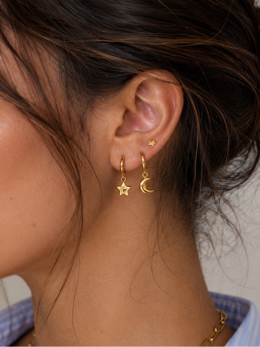 3 Pairs | 18K Gold Plated Star & Moon Hoop Earrings Set